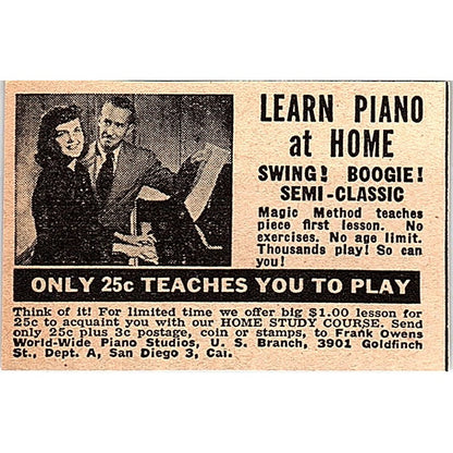 Learn Piano at Home - World-Wide Piano Studios San Diego CA 1948 Ad AF8-S2