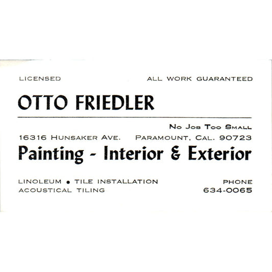 Otto Friedler Painting Paramount CA Vintage Business Card SD8-B14