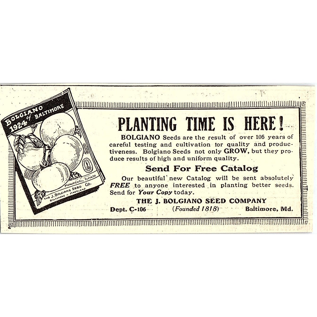 The J. Bolgiano Seed Co Baltimore MD 1924 Ad AG3-M3