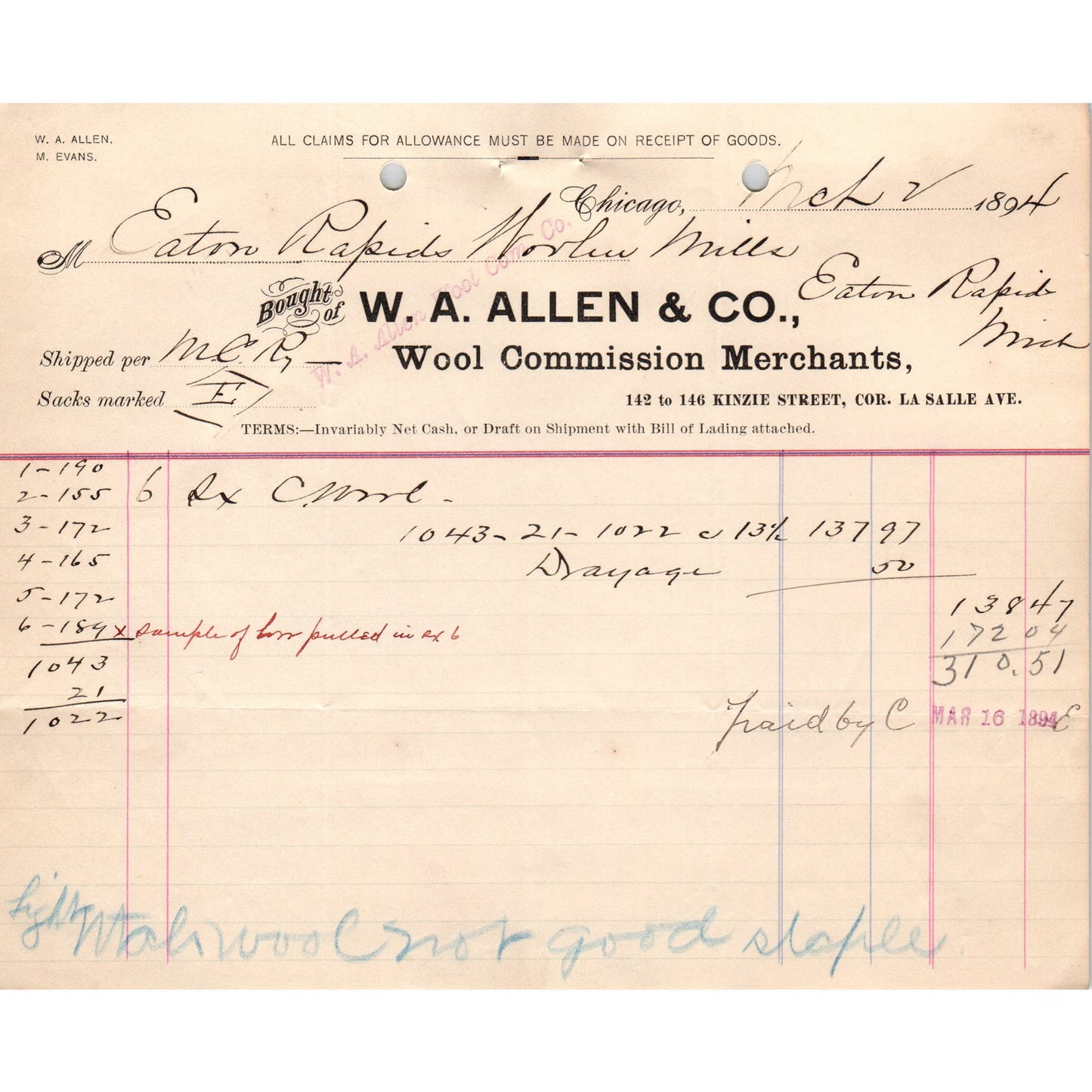 1894 W.A. Allen & Co Wool Merchants Chicago Billhead Letterhead D17