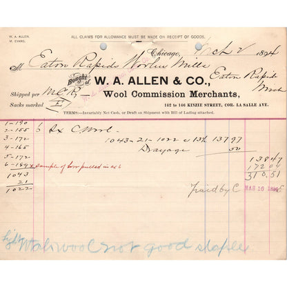 1894 W.A. Allen & Co Wool Merchants Chicago Billhead Letterhead D17