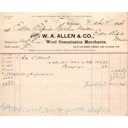 1894 W.A. Allen & Co Wool Merchants Chicago Billhead Letterhead D17