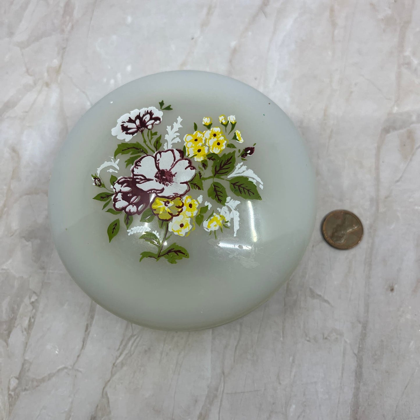 Vintage Celluloid Trinket Box Round Floral White Hinged Lid 4.25” TF5