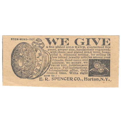 Pocket Watch Giveaway E.R. Spencer Co Horton NY 1910 Magazine Ad AF1-SS6