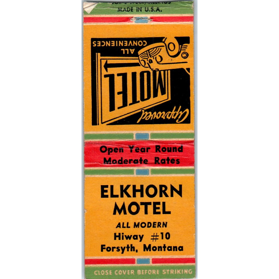 Elkhorn Motel Forsyth Montana Vintage Matchbook Cover SD4-Y8