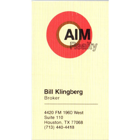 Bill Klingberg AIM Realty Houston TX Vintage Business Card SD8-B2