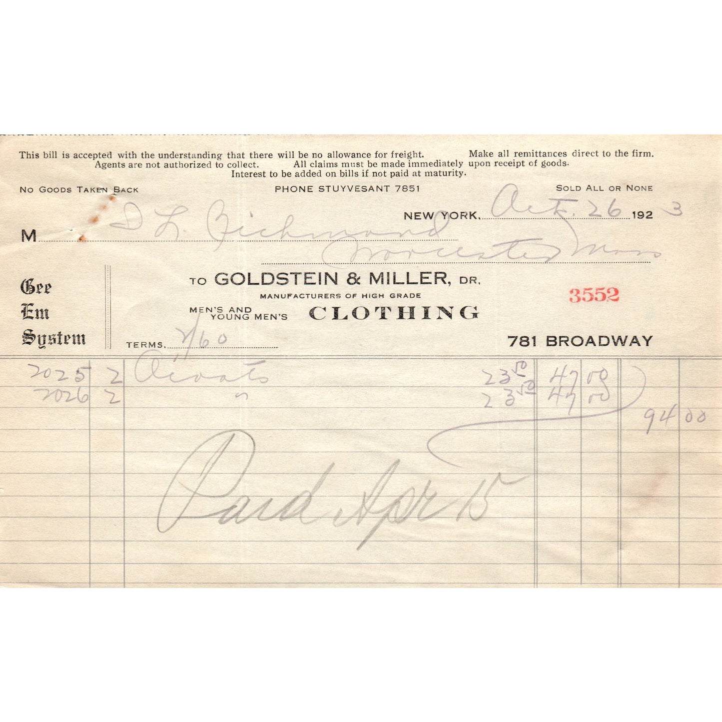 Goldstein & Miller Clothing NY 1923 Original Billhead Letterhead Receipt D8-LL