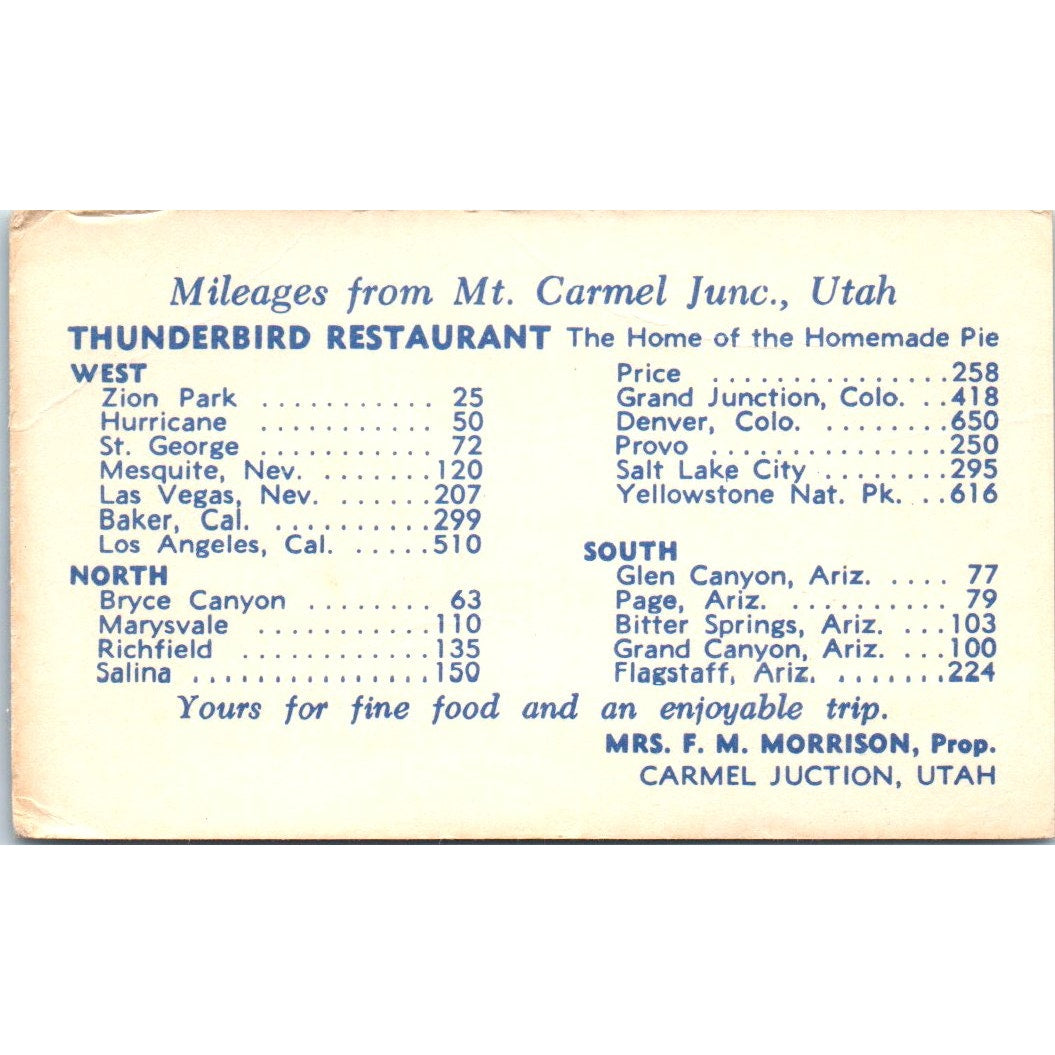 Thunderbird Restaurant Mt. Carmel Junction UT F.M. Morrison Business Card SD8-B7