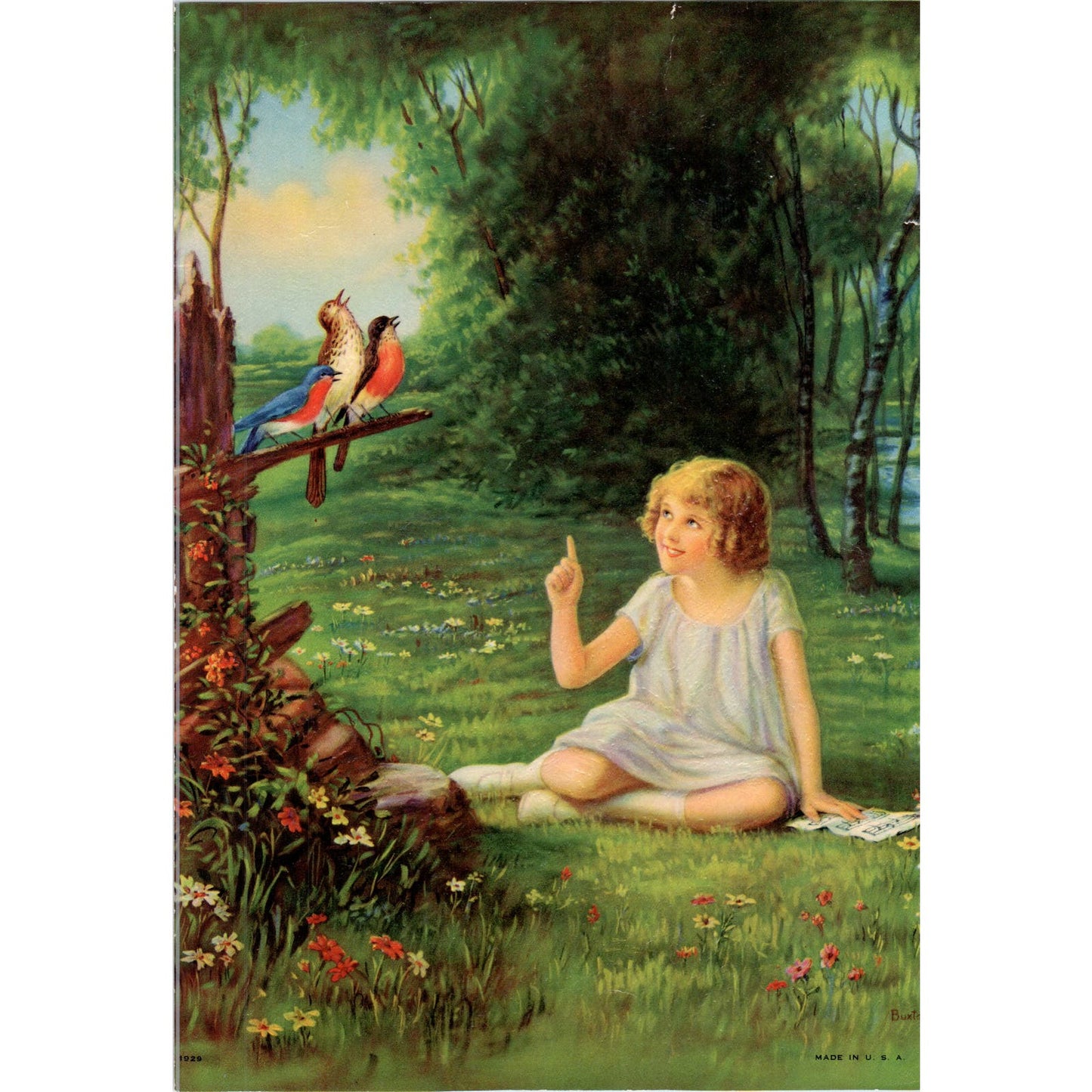 1929 Girl With Birds Singing on Branch Vintage Litho Print 8x11" D10