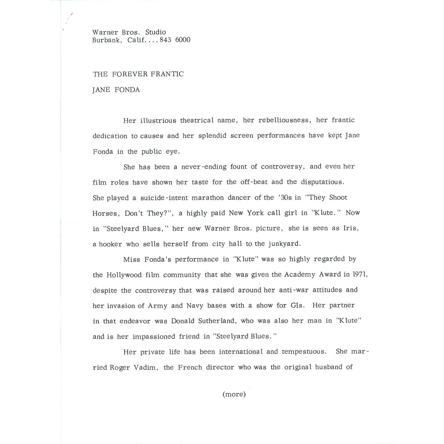 1972 Warner Bros. Studios Jane Fonda Steelyard Blues Promo Forever Frantic AE7