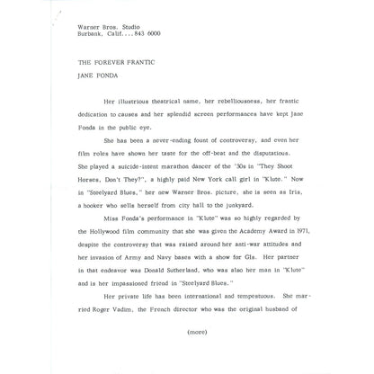 1972 Warner Bros. Studios Jane Fonda Steelyard Blues Promo Forever Frantic AE7