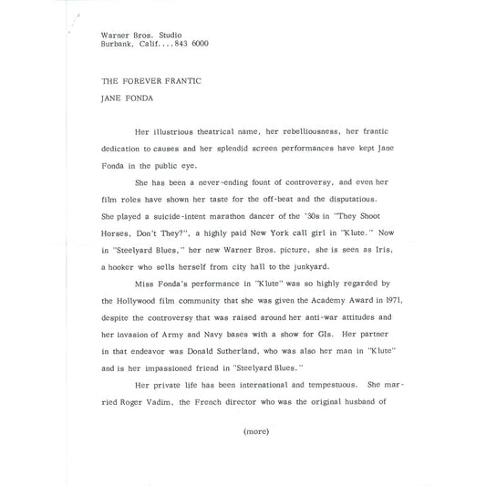 1972 Warner Bros. Studios Jane Fonda Steelyard Blues Promo Forever Frantic AE7