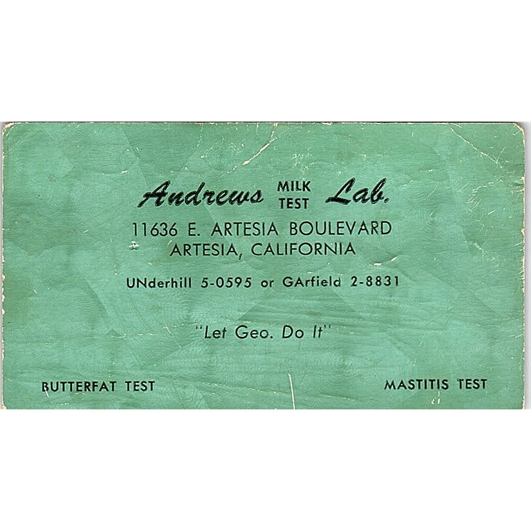 Andrews Milk Test Lab Artesia CA Vintage Business Card SD9-B9