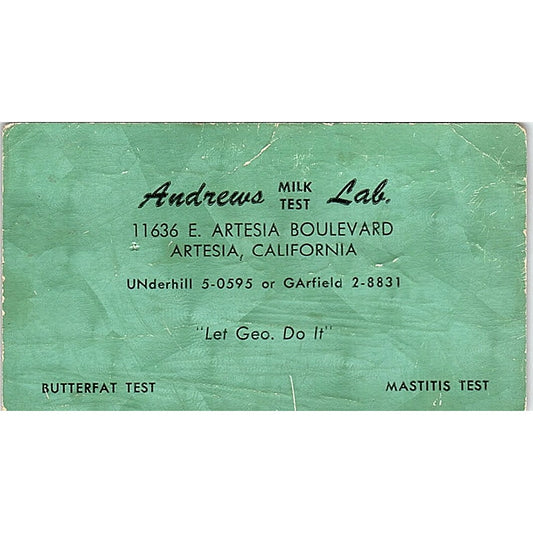 Andrews Milk Test Lab Artesia CA Vintage Business Card SD9-B9
