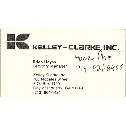 Kelly Clarke Inc Brian Hayes  City Of Industry Vintage CA Business Card SB4-B9