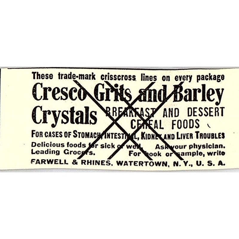 Cresco Grits & Barley Crystals Farwell & Rhines Watertown NY 1916 Ad AF6-15