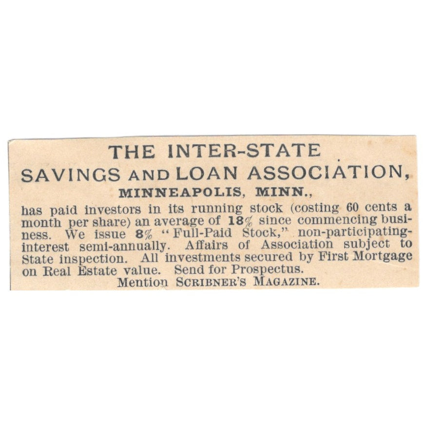 The Inter-State Savings and Loan Association Minneapolis MN 1892 Ad AK6-S2