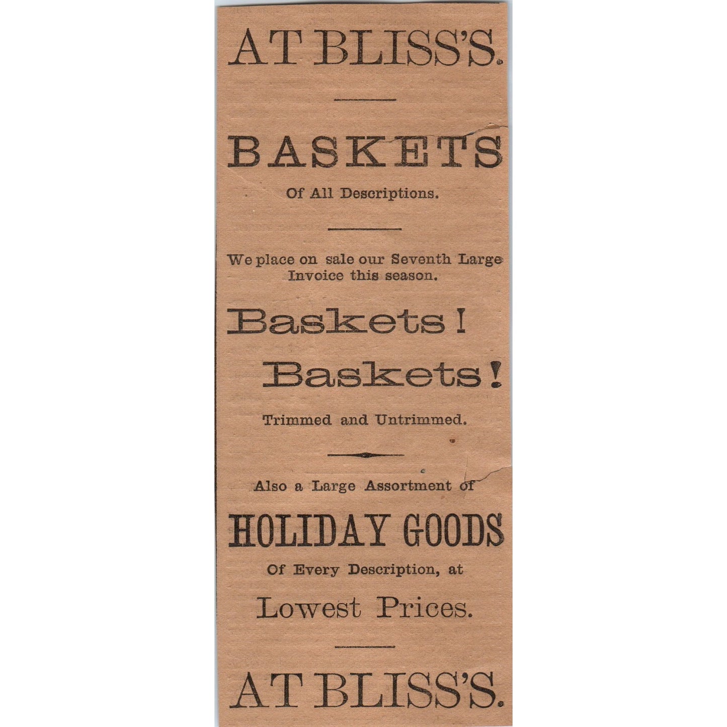 Bliss's Baskets Holiday Goods 1886 Hartford CT Victorian Ad AB8-HT1