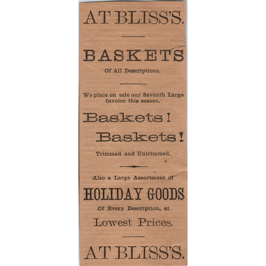 Bliss's Baskets Holiday Goods 1886 Hartford CT Victorian Ad AB8-HT1