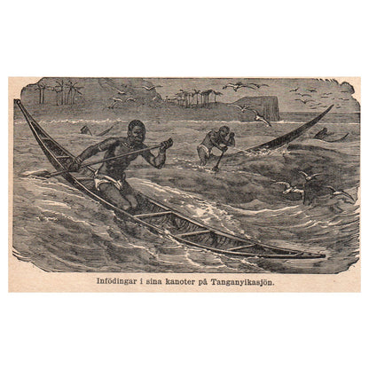 Natives in their canoes on Lake Tanganyika 1909 Swedish Engraving Print AF5-13