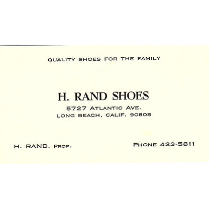 H Rand Shoes H Rand Prop Long Beach CA Vintage Business Card SB4-B7