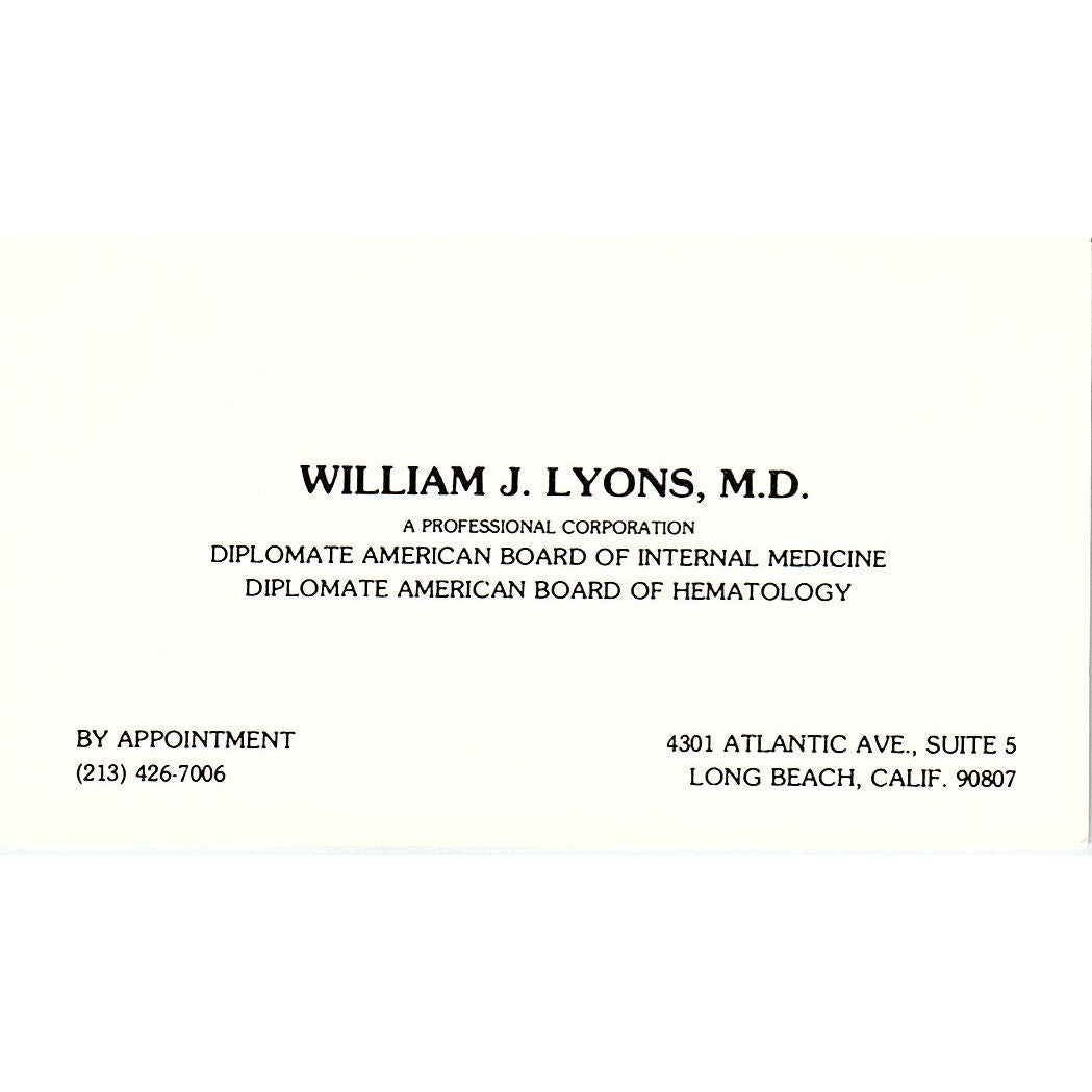 Hematology, William J. Lyons, M.D, Long Beach California Business Card SF3-B7