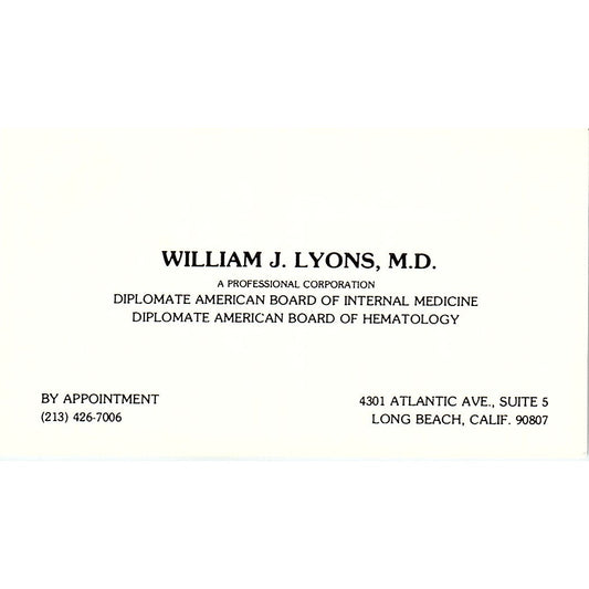 Hematology, William J. Lyons, M.D, Long Beach California Business Card SF3-B7