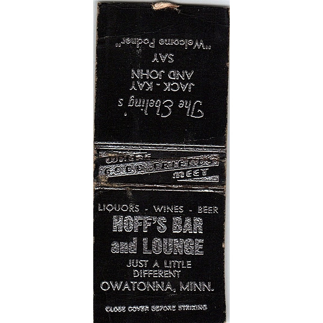 Hoff's Bar and Lounge Owatonna MN Jack Ebeling Vintage Matchbook Cover SC7-Y4
