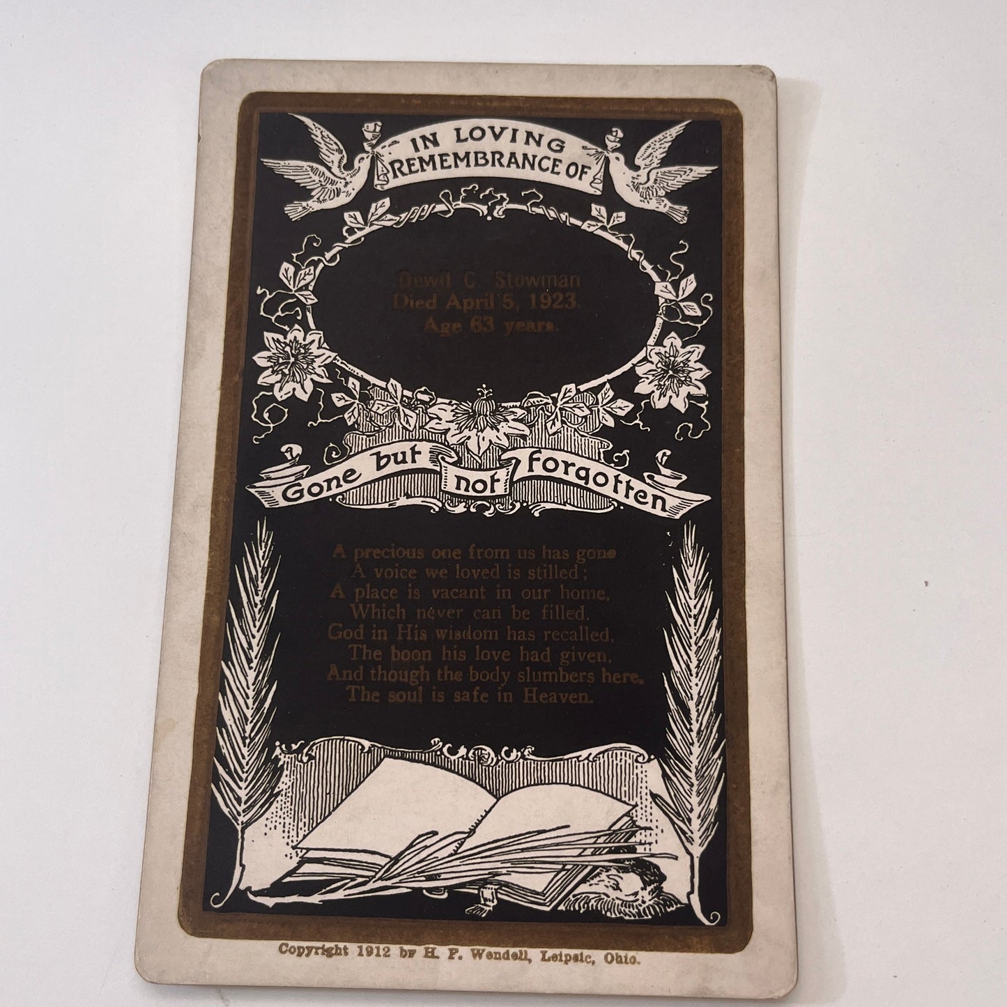 Dewitt C. Stowman 1923 Antique Victorian Memorial CDV Card H4-2