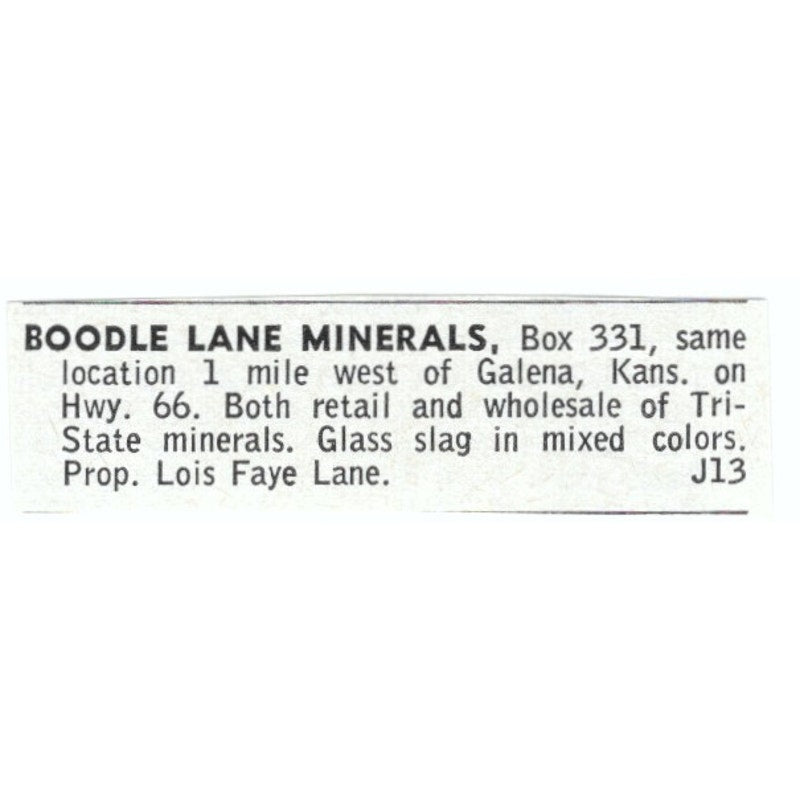 Boodle Lane Minerals Lois Faye Lane Galena KS 1964 Magazine Ad AB6-LJS1