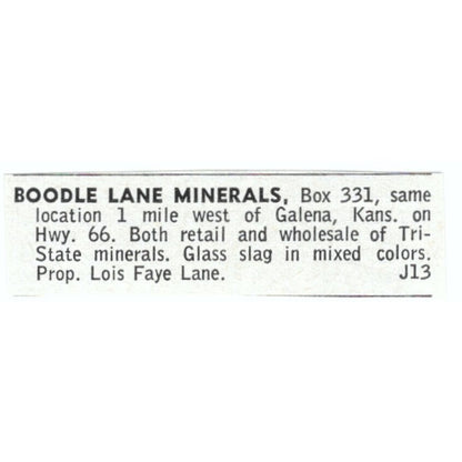 Boodle Lane Minerals Lois Faye Lane Galena KS 1964 Magazine Ad AB6-LJS1