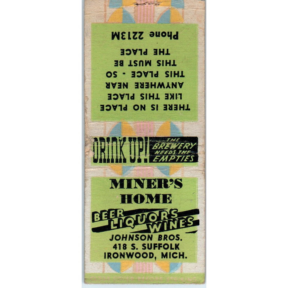 Miner's Home Johnson Bros. Ironwood MI Vintage Matchbook Cover SD2-Y6
