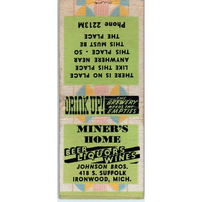 Miner's Home Johnson Bros. Ironwood MI Vintage Matchbook Cover SD2-Y6