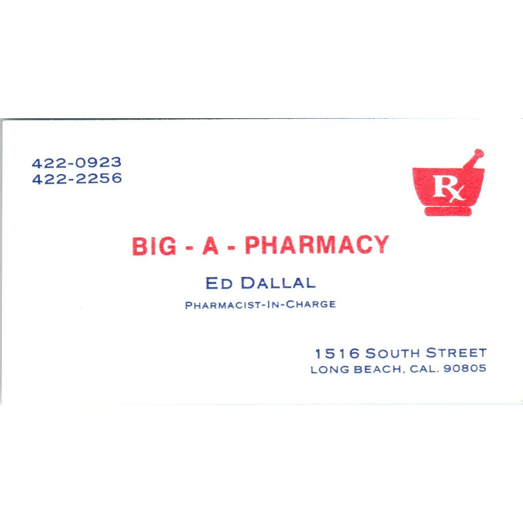 Big-A-Pharmacy Ed Dallal Long Beach CA Vintage Business Card SD8-B16