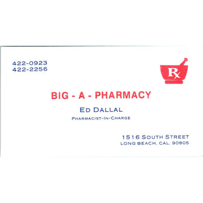 Big-A-Pharmacy Ed Dallal Long Beach CA Vintage Business Card SD8-B16