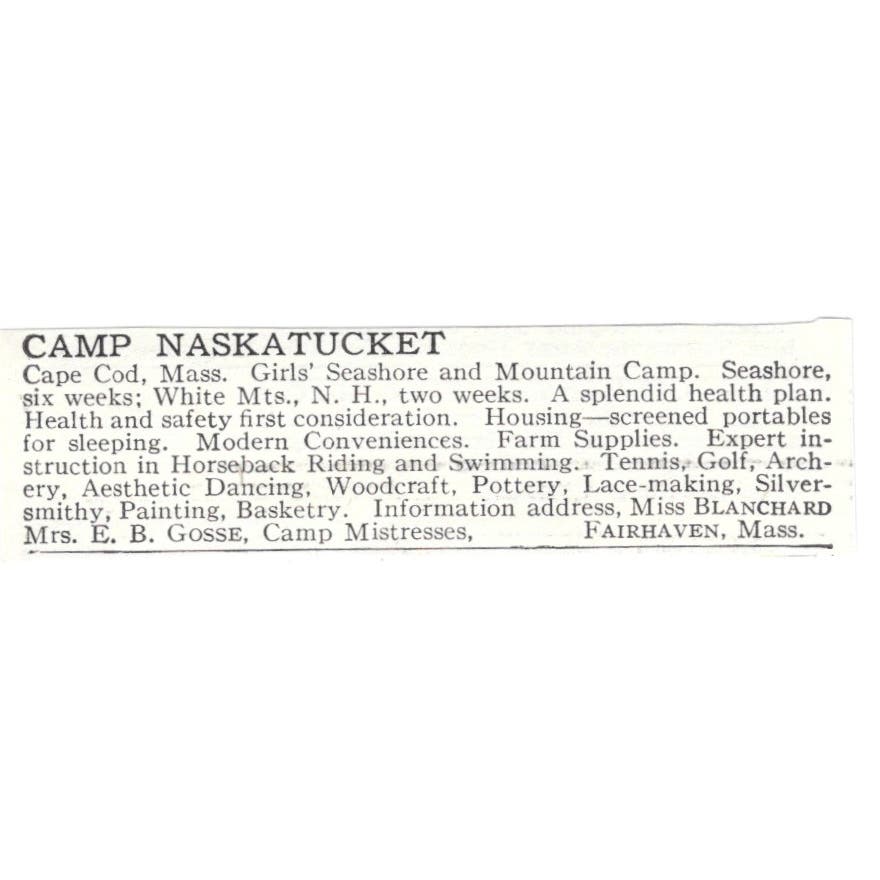 Camp Nasketucket Cape Cod MA E.B. Gosse c1918 Original Advertisement AE5-SA6