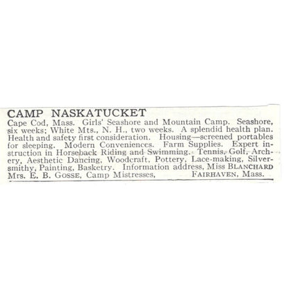 Camp Nasketucket Cape Cod MA E.B. Gosse c1918 Original Advertisement AE5-SA6
