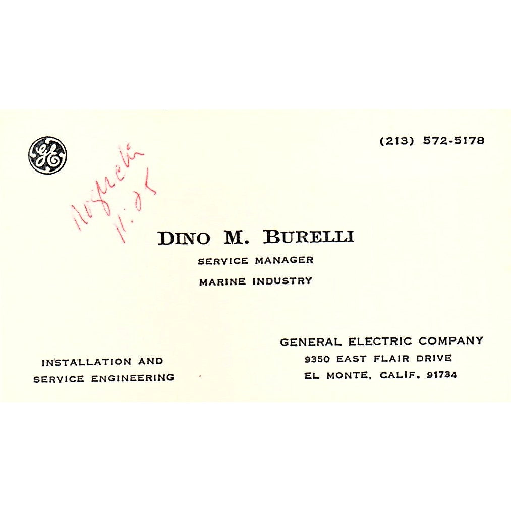 Dino M Burelli General Electric GE El Monte CA Vintage Business Card SC9-B13