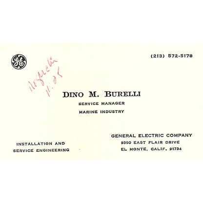 Dino M Burelli General Electric GE El Monte CA Vintage Business Card SC9-B13