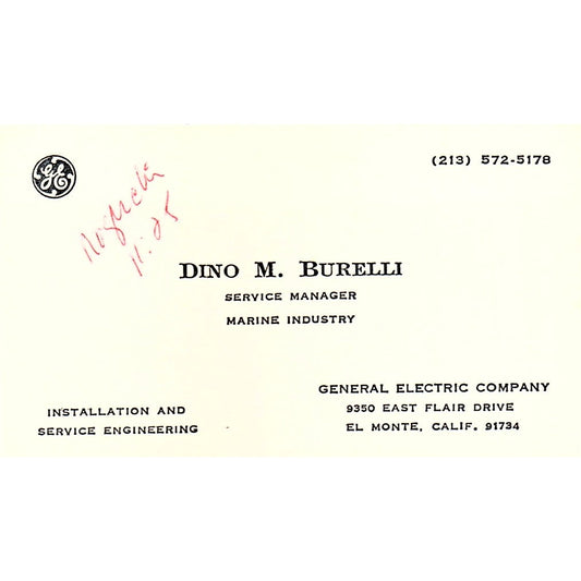 Dino M Burelli General Electric GE El Monte CA Vintage Business Card SC9-B13