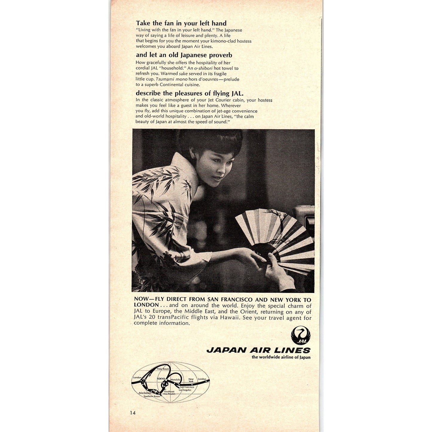 JAL Japan Airlines - Take the Fan in Your Left Hand 1967 Ad AG1-16