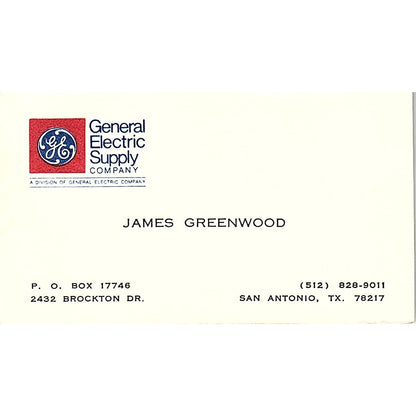 General Electric Supply James Greenwood Antonio, TX Vintage Business Card SF3-B7