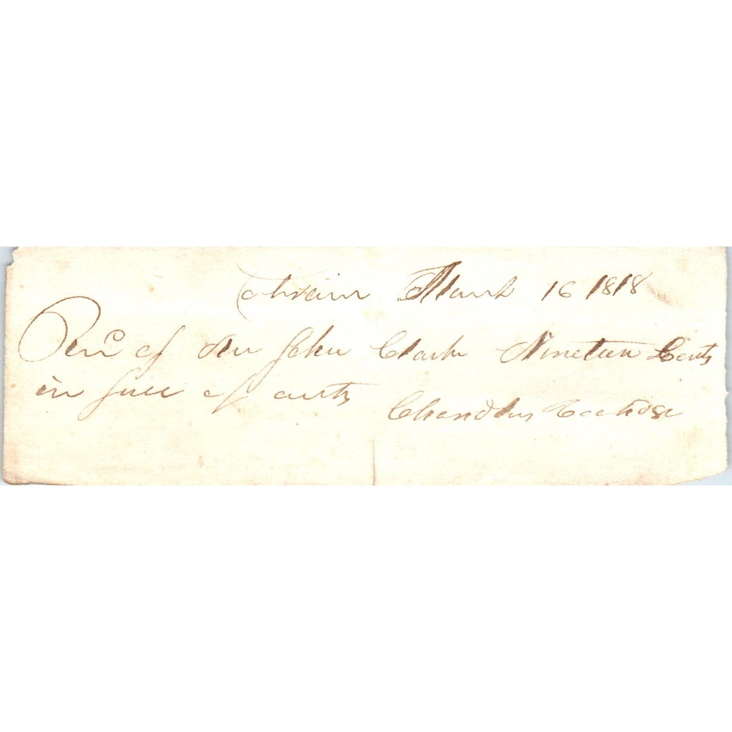 1818 Handwritten Receipt Colrain Massachusetts John Clark AE6-16