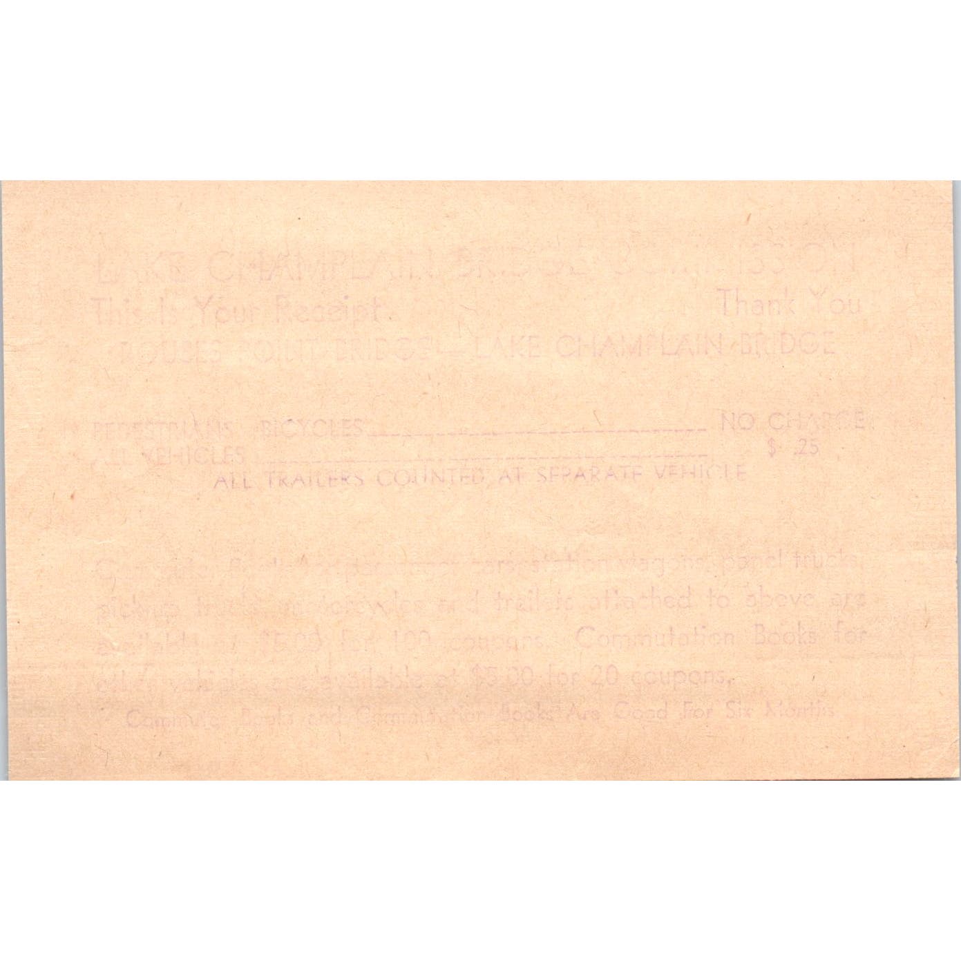 1965 Lake Champlain Bridge Commission Toll Rate Card Crown Point NY AE2