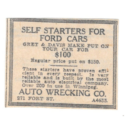 Self Starters for Ford Cars Auto Wrecking Co 271 Fort St Winnipeg 1920 Ad AG2-S3