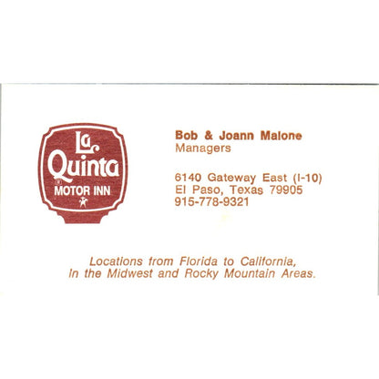 Bob & Joanne Malone El Paso TX La Quinta Motor Inn Vintage Business Card SE3-B1