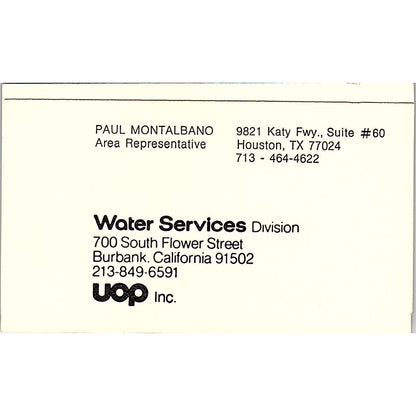 Paul Montalbano UOP Inc Water Services Burbank CA Vintage Business Card SE5-B1