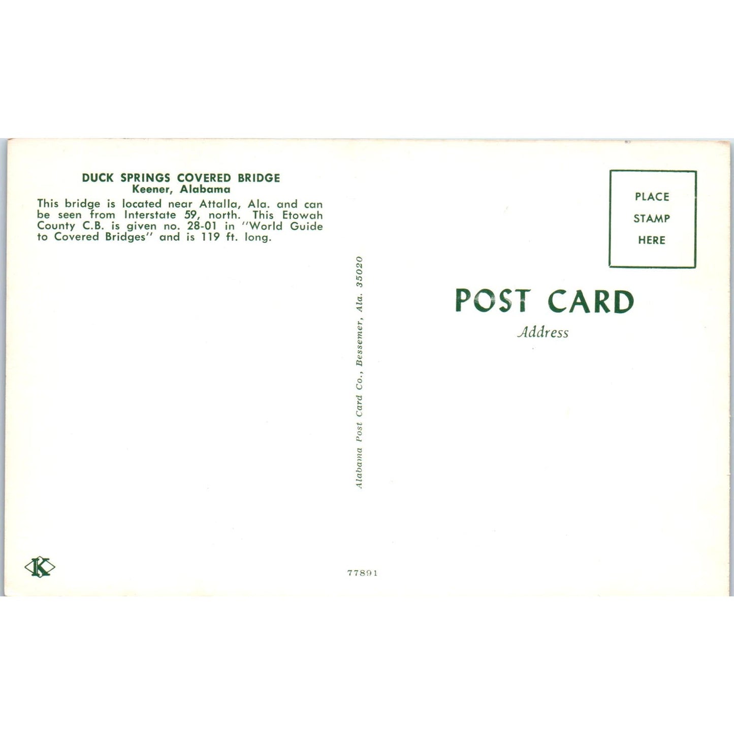 Duck Springs Bridge Keener Alabama Covered Bridge Postcard PB12
