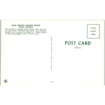 Duck Springs Bridge Keener Alabama Covered Bridge Postcard PB12