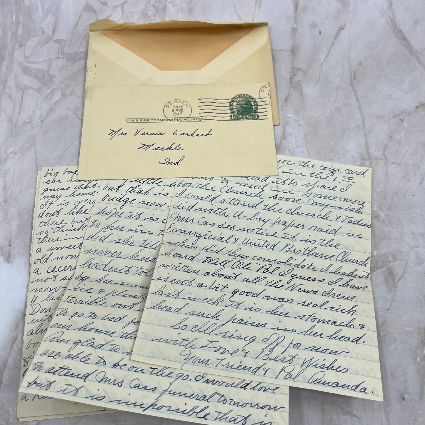 1947 Handwritten Letter Mrs Vernie Earhart Markle IN TI8-S6